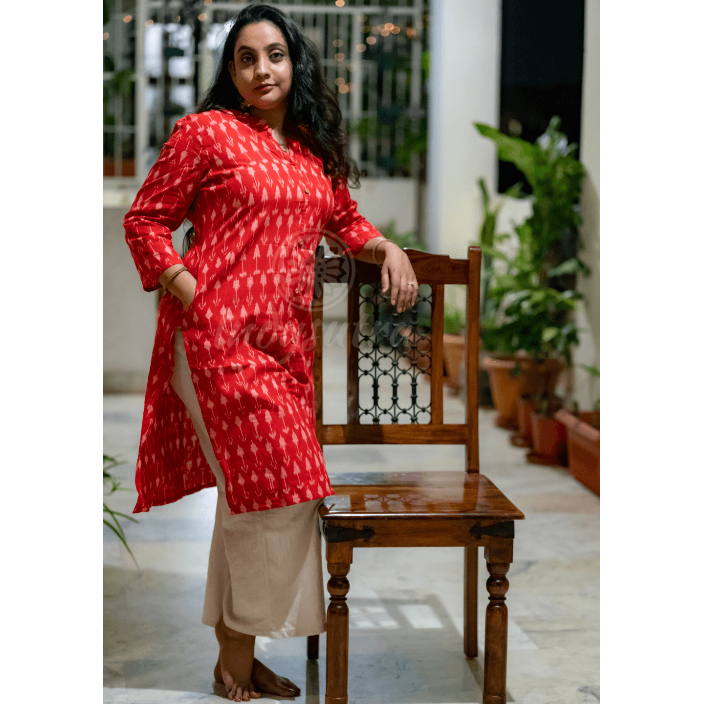Ikkat Kurta - Cherry Red