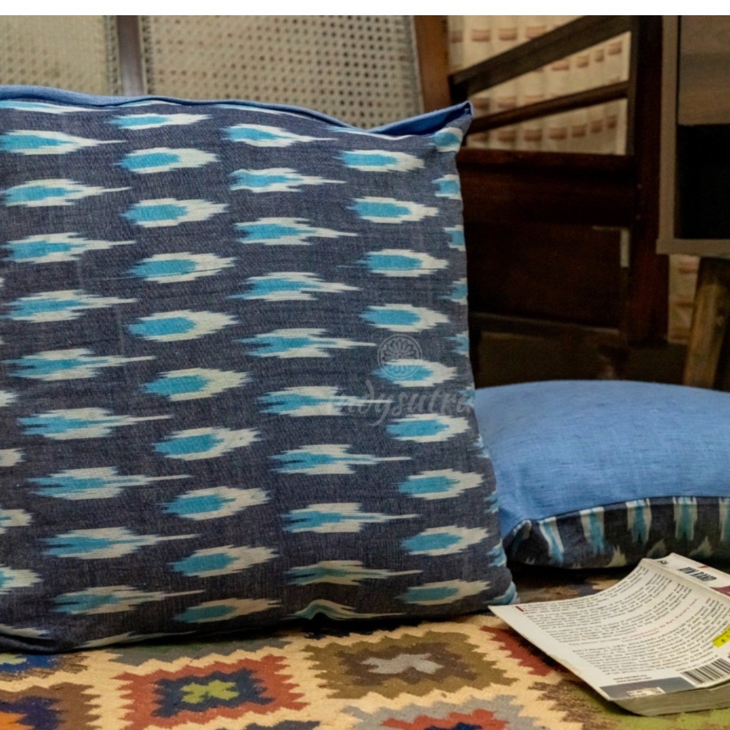 Grey and Blue Ikat Cushion Cover set