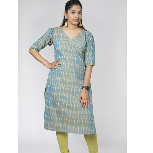 Embroidery Overlap Ikat Kurta - Green